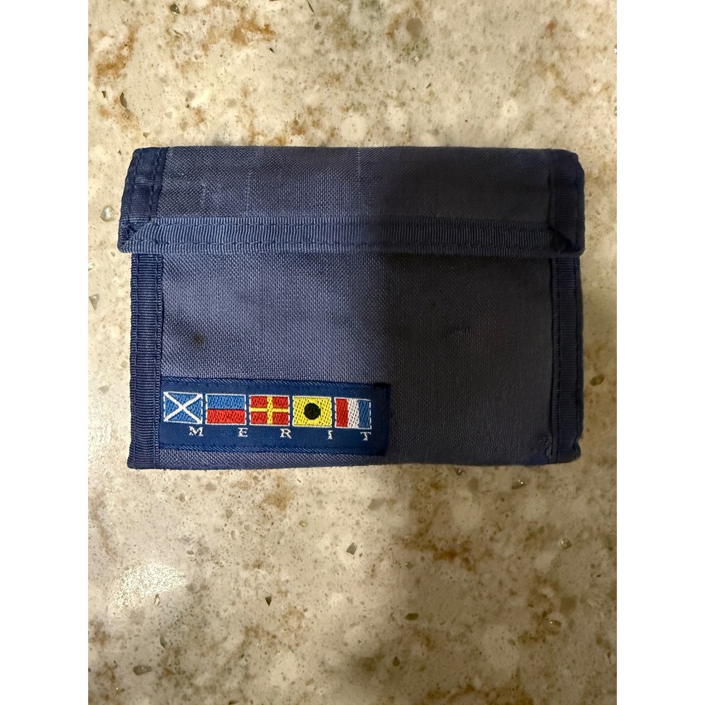 Vintage Merit Nautical Signal Flag Trifold Canvas Wallet Navy Blue Hook & Loop